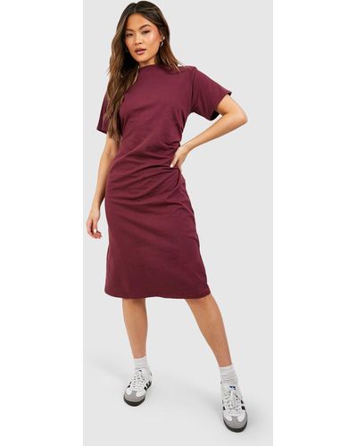 Boohoo Wrap Ruching Cotton Midi Shoulder Pad T-shirt Dress - Red