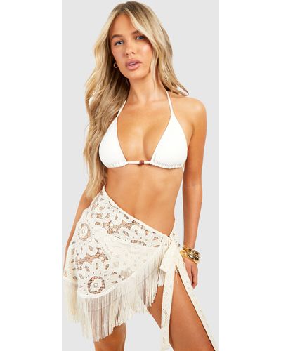 Boohoo Crochet Fringe Hem Beach Mini Skirt - White