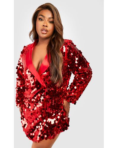 Boohoo Plus Sequin Disc Oversized Blazer Dress - Red