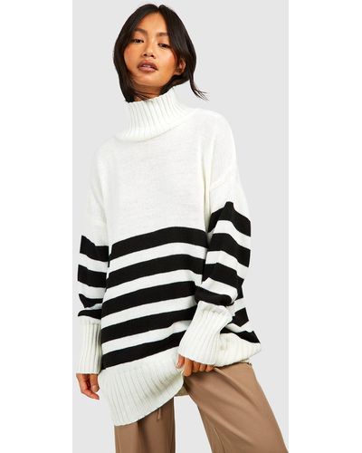 Boohoo High Neck Stripe Sweater - White