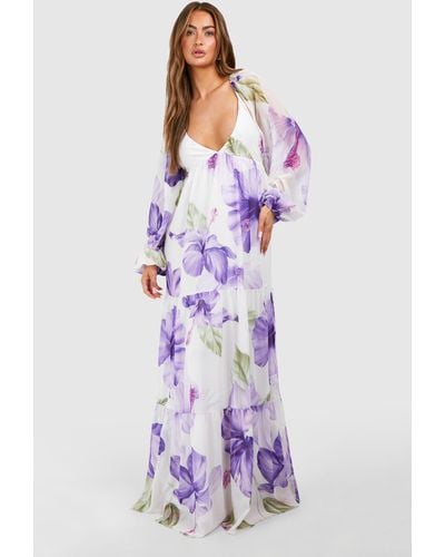 Boohoo Floral Tiered Chiffon Maxi Dress - Purple