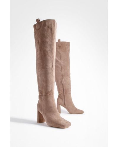 Boohoo Wide Fit Tab Detail Over The Knee Boots - Natural