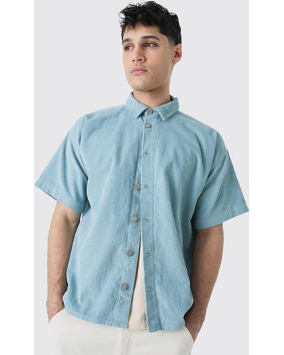 Boohoo Boxy Cord Shirt In Slate - Blue