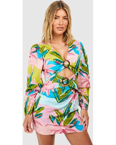 Boohoo Tropical Linen Look O-rings Beach Mini Dress - Pink