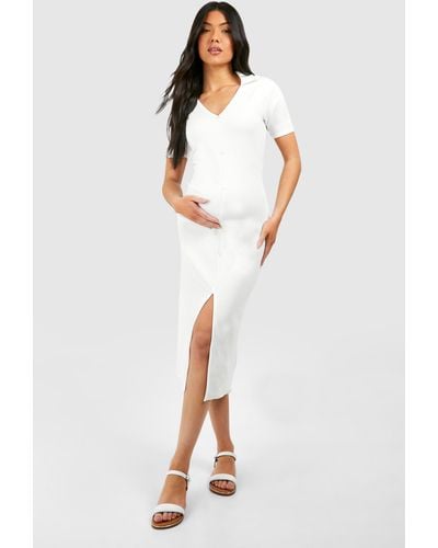 Boohoo Maternity Textured Rib Collard Button Down Midi Dress - White