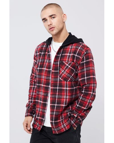 Boohoo Hooded Brushed Flannel Shacket - Red