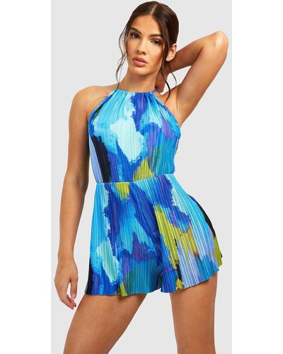 Boohoo Abstract Plisse High Neck Playsuit - Blue