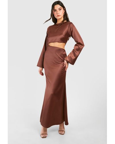 Boohoo Satin Cut Out Long Sleeve Maxi Dress - Brown