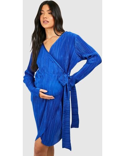 Boohoo Maternity Plisse Wrap Belted Mini Dress - Blue
