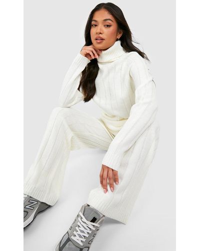 Boohoo Petite Wide Rib Roll Neck & Trouser Knitted Co-ord - White