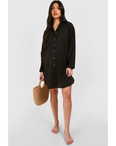 Boohoo Maternity Linen Button Down Beach Shirt Dress - Black