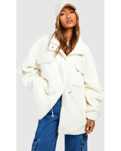 Boohoo Teddy Faux Fur Utility Jacket - White