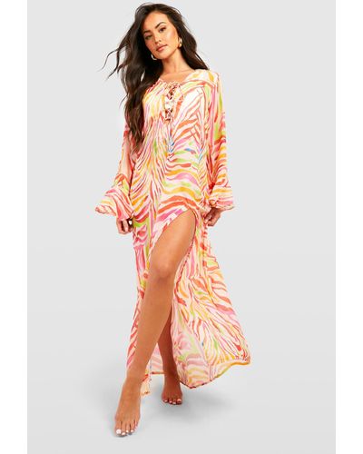 Boohoo Multi Zebra Lace Up Kaftan Beach Maxi Dress - Pink