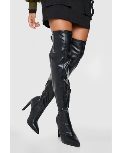 Boohoo Pointed Toe Pu Over The Knee Boots - Black