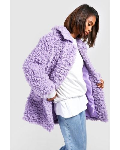 Boohoo Textured Collared Faux Fur Coat - Purple