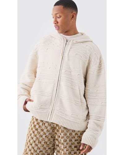 BoohooMAN Oversized 3d Jacqaurd Knitted Zip Through Hoodie - Natural