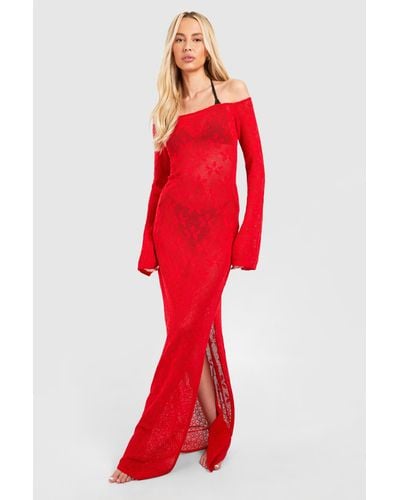 Boohoo Tall Bardot Floral Crochet Maxi Dress - Red