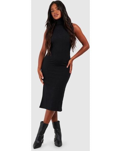 Boohoo Compact Rib Roll Neck Midi Dress - Black