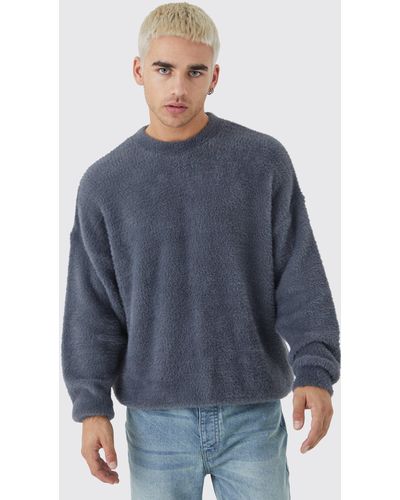 BoohooMAN Oversized Crew Neck Fluffy Knitted Sweater - Blue