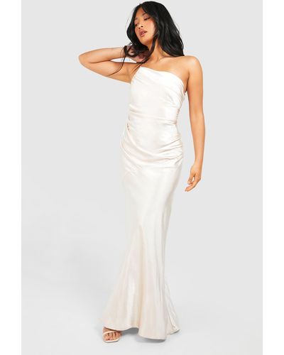 Boohoo Petite Bridesmaid Satin Strappy Asymmetric Maxi Dress - White