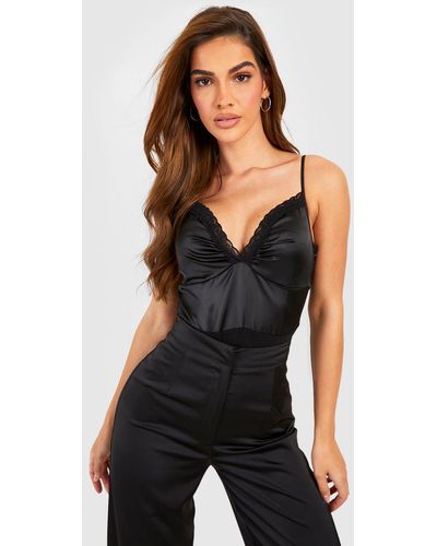 Boohoo Satin Lace Trim Cami Bodysuit - Black