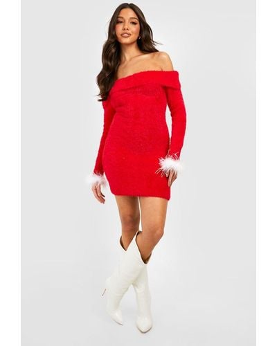 Boohoo Feather Cuff Fluffy Christmas Sweater Dress - Red