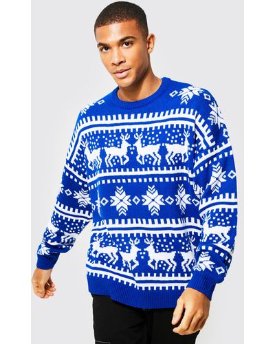 Boohoo Oversized Reindeer Fairisle Christmas Sweater - Blue