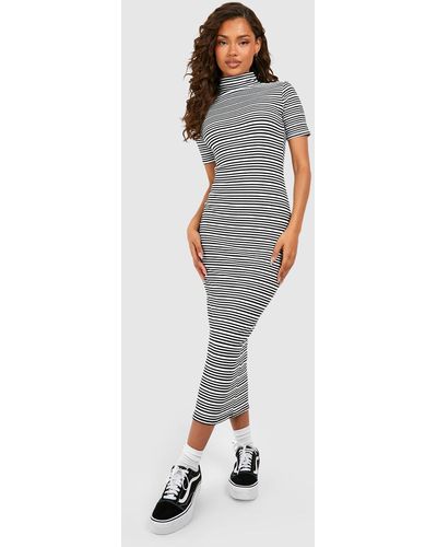 Boohoo Stripe Bandage High Neck Midaxi Dress - Blue