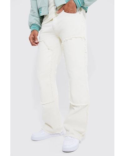 BoohooMAN Baggy Rigid Flare Jeans With Frayed Worker Panel - White