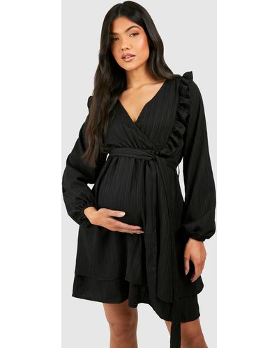 Boohoo Maternity Textured V Neck Belted Skater Dress - Black