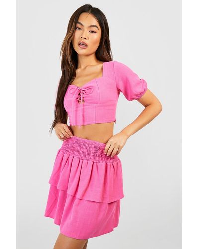 Boohoo Linen Look Ruffle Mini Skirt - Pink