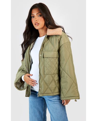 Boohoo Maternity Teddy Collar Quilted Puffer Jacket - Green