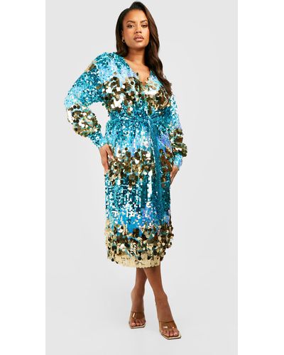 Boohoo Plus Mixed Sequin Detail Wrap Midi Dress - Blue