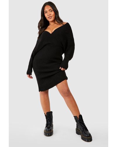 Boohoo Plus Off The Shoulder Rib Knit Sweater Dress - Black
