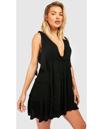 Boohoo Cheesecloth Tie Shoulder Beach Dress - Black