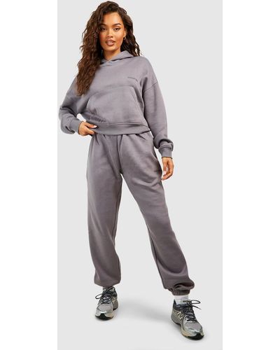 Boohoo Dsgn Studio Embroidered Cropped Hooded Tracksuits - Gray