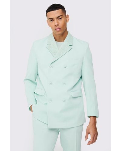 BoohooMAN Lace Detail Double Breasted Blazer - Green