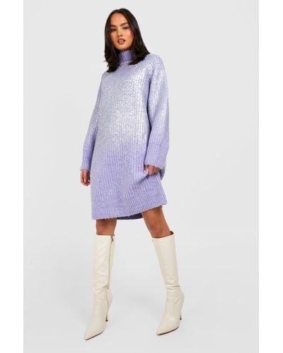 Boohoo Metallic Coated Sweater Dress - Purple