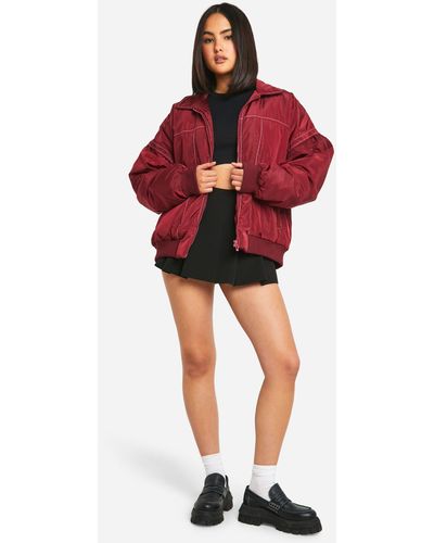 Boohoo Contrast Stitch Detail Oversized Bomber Jacket - Red