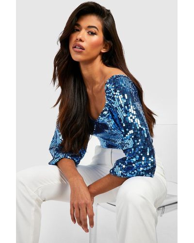 Boohoo Tall Sweetheart Neck Sequin One Piece - Blue