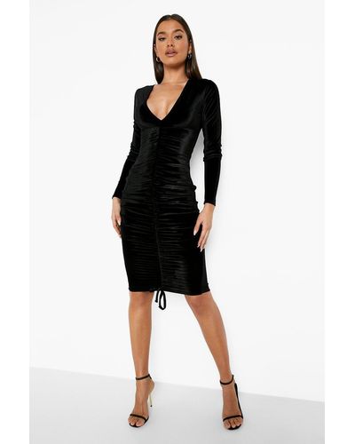 Boohoo Velvet Ruched Front Midi Party Dress - Black