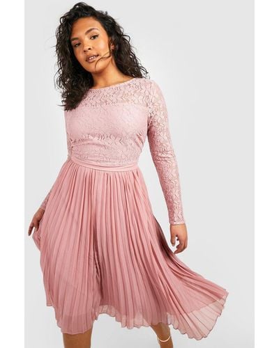 Boohoo Plus Lace Chiffon Pleated Midi Dress - Pink