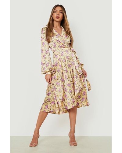 Boohoo Floral Wrap Belted Midi Dress - Natural