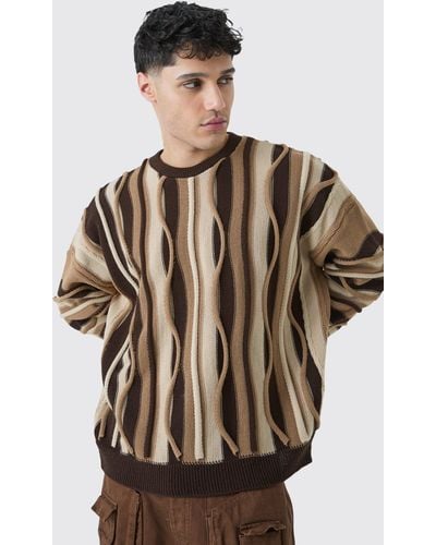 BoohooMAN Oversized 3d Jacquard Knitted Sweater - Brown