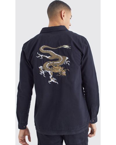 BoohooMAN Twill Longsleeve Dragon Embroidered Overshirt - Blue