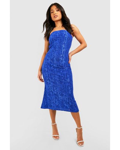 Boohoo Petite Textured Slinky Drape Back Midi Dress - Blue