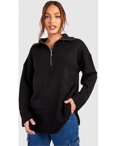 Boohoo Tall Drop Shoulder Zip Collar Sweater - Black