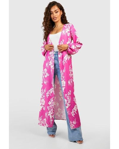 Boohoo Floral Print Woven Belted Kimono - Pink