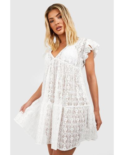Boohoo Lace Ruffle Plunge Beach Mini Dress - White