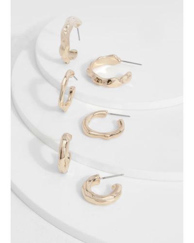 Boohoo 3 Pack Hammered Gold Hooped Earrings - Blanco